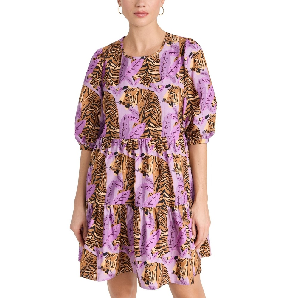 Farm Rio Tiger Leaves Dress Purple Mini Tiered Short Puff Sleeve Casual Sz XS